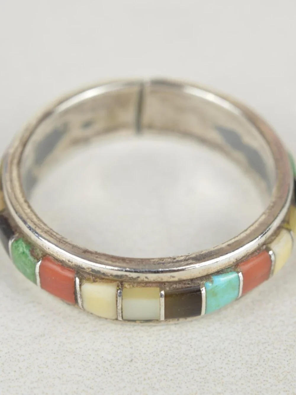Vintage Navajo Sterling Silver Multi Stone Inlay Ring Band Sz 9 Southwest 4.3g - Picture 5 of 8